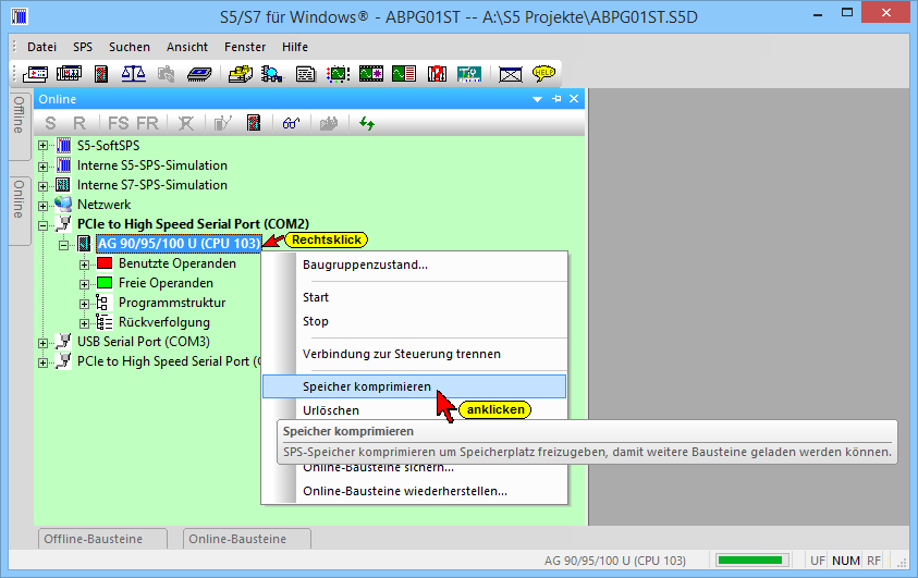 Kapitel 3 S5 für Windows Online Funktionen Seite 3-23 3.3.3 SPS Speicher komprimieren Der Befehl kann mit dem Menübefehl SPS Speicher komprimieren aus dem Menü SPS aufgerufen werden.
