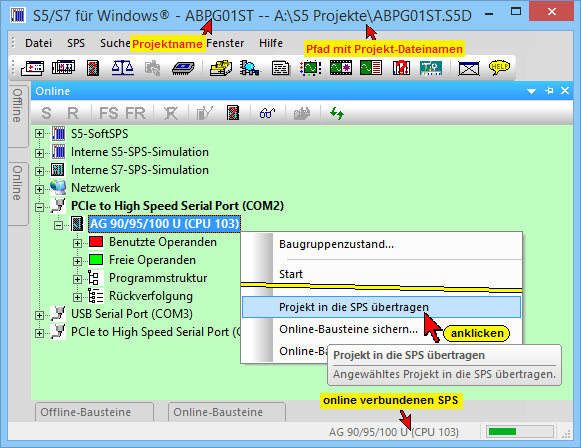 Kapitel 3 S5 für Windows Online Funktionen Seite 3-33 3.3.7 Projekt in die SPS übertragen Der Befehl wird mit dem Menübefehl Projekt an die SPS übertragen aus dem Menü SPS aufgerufen.