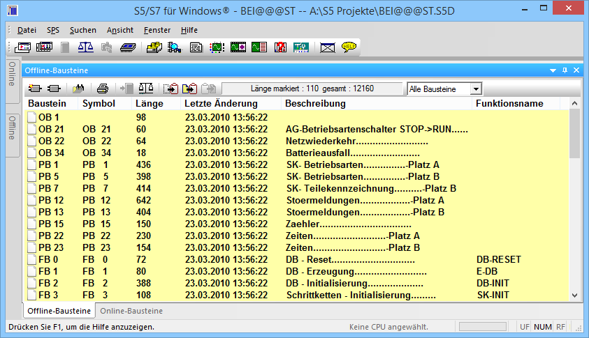Kapitel 2 S5 für Windows Grundlagen Seite 2-47 2.8 Offline Bausteinverzeichnis Es werden die Bausteine, die sich im Arbeitsspeicher des Rechners befinden, aufgelistet.