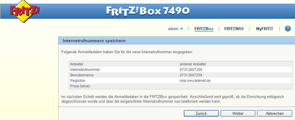 Telefon-Anbieter: Rufnummer für die Anmeldung: Interne Rufnummer in der Fritz!