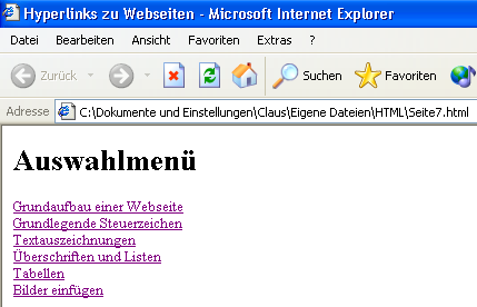 Hyperlinks zu Webseiten Um sich im Internet bewegen zu können, müssen Hyperlinks zwischen den einzelnen Webseiten gesetzt werden. Ein Hyperlink ist folgendermaßen aufgebaut: <a href = ":/.