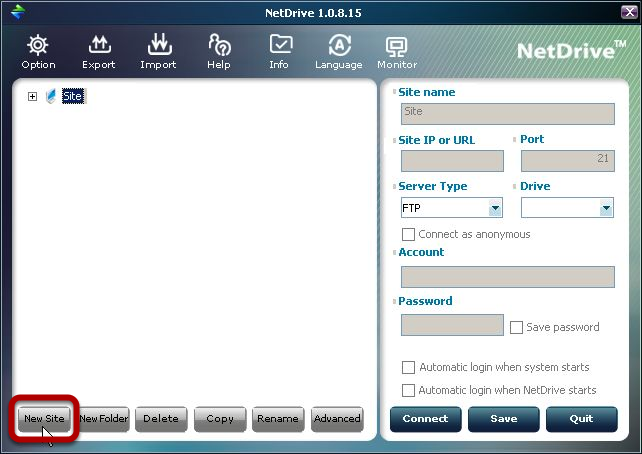 NetDrive Hauptfenster - Neue Site erstellen Das Hautpfenster von NetDrive erscheint.