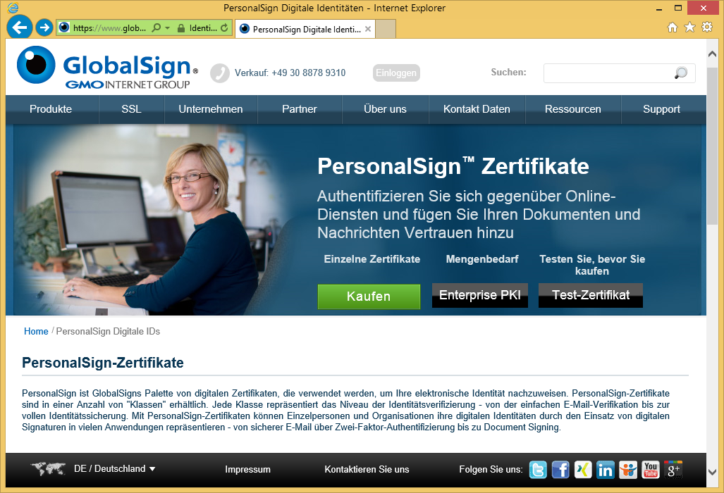 Abbildung 1. Startseite von GlobalSign für das Produkt PersonalSign. Sie haben im nächsten Schritt die Möglichkeit, die Gültigkeit des Zertifikats auszuwählen.