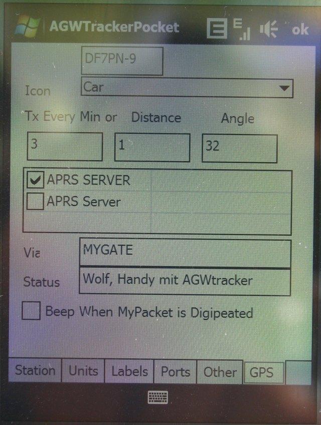 APRS auf Mobiltelefonen AGW-Tracker PPC richtig konfigurieren GPS Rufzeichen für dieses Mobilteil SSID beachten (-7 Fussgänger, -9 Auto) Symbol aussuchen: Car = Auto Es gibt mehrere Autosymbole sowie