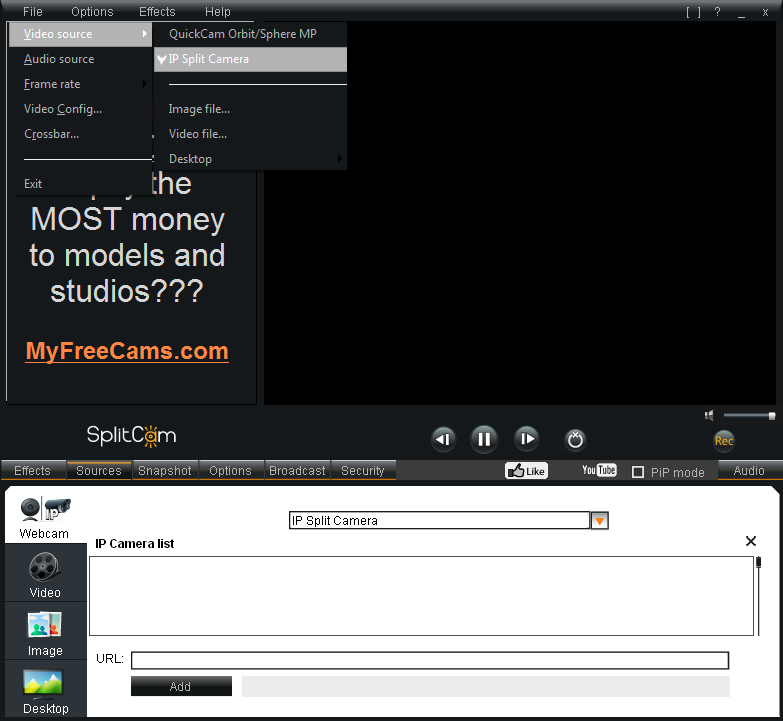 SplitCam-Signal als Kamera und Ton Nach Download, Installation & Start, folgen die Einstellungen: Pulldownmenü (oben): File => Video Source => IP Split Camera Footer-Menü (unten): Sources => Webcam