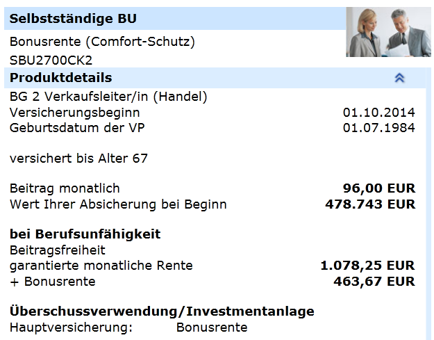 BU-Rente Direkt: Mehr Wert vom Chef Ansparphase BU-Rente Direkt SBU-Vertrag BU-Rente Direkt EUR Garantierente 1.078,25 Bonusrente 463,67 Gesamtrente 1.