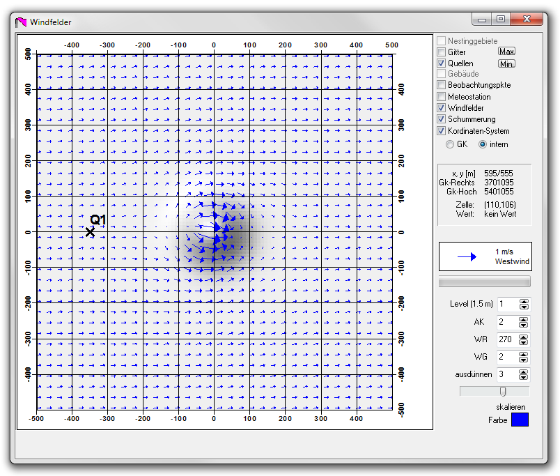 ARTM 2.8.0 Programmbeschreibung 91 Ausrichtung der Pfeile gibt die Windrichtung an, die Länge der Pfeile skaliert mit der horizontalen 49 Windgeschwindigkeit (Abbildung 13-6).