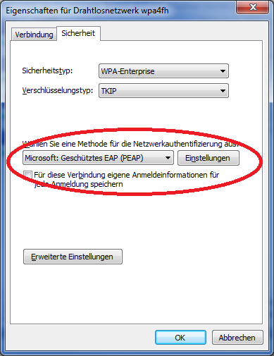 Gehen Sie bitte sicher, dass im Fenster Netzwerkauthentifizierung Microsoft: Geschütztes EAP (PEAP) ausgewählt ist.