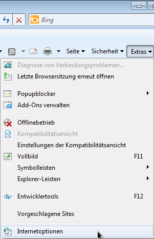 Wie leere ich den Browser-Cache? Internet Explorer 8/9 auf Windows 7 und Internet Explorer 8 auf Windows XP 1. Klicken Sie in der Menüleiste rechts auf Extras. 2.