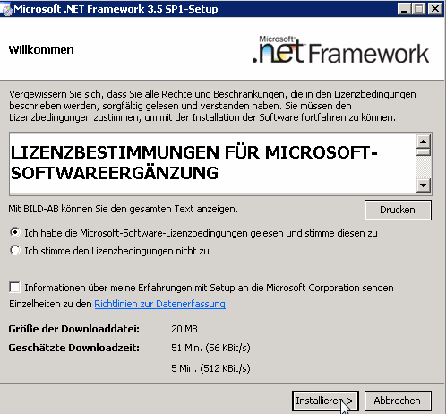 5. Installation von Microsoft.NET Framework 3.5 SP1 Diese Phase der Installation ist nur notwendig falls die Microsoft.NET Framework 3.5 Komponenten nicht auf Ihrem Computer installiert sind (insbesonde Windows XP).