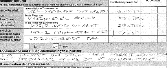 Praxis der Zertifizierung auf deutschen Todesursachenbescheinigungen Die Epikrise, auf manchen deutschen Scheinen zu finden,