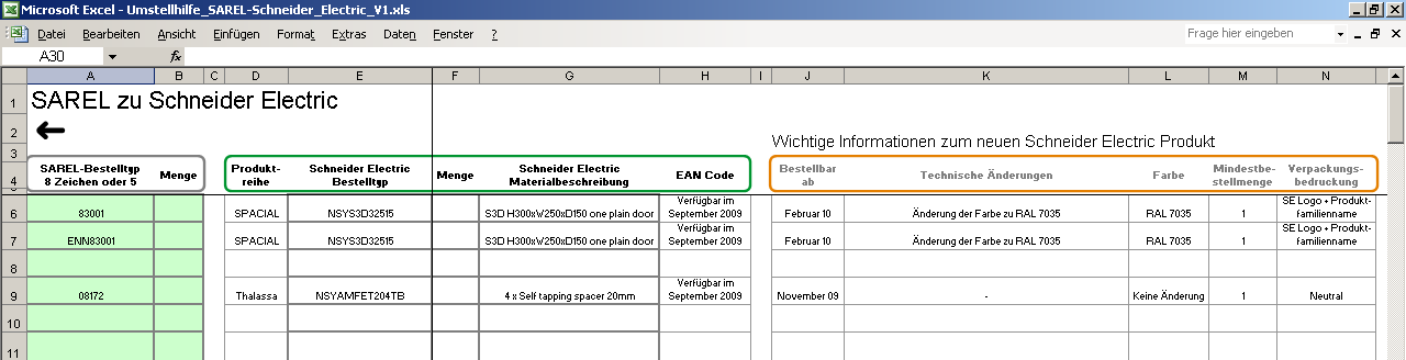 Umstellhilfe Umstellhilfe Sarel <=> Schneider Electric als Excel-Tool Hinweise zu technischen und farblichen Änderungen, ab wann bestellbar,