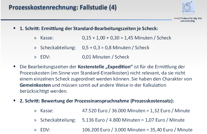 1. Schritt: Bearbeitungszeiten der Aktivitäten je Kst. Addieren (Fallstudie 2) 2.