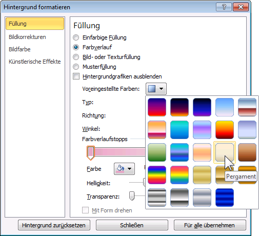 Klicken Sie dann in dem rechts stehenden Dialogfeld auf das Farbauswahlsymbol bestimmen.