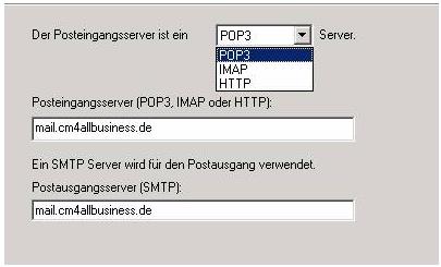 Schritt 4: Wählen Sie nun IMAP als Servertyp. In die Eingabefelder Posteingang- und Postausgangsserver fügen Sie bitte die Adresse mail.cm4allbusiness.de ein. Klicken Sie anschließend auf Weiter.