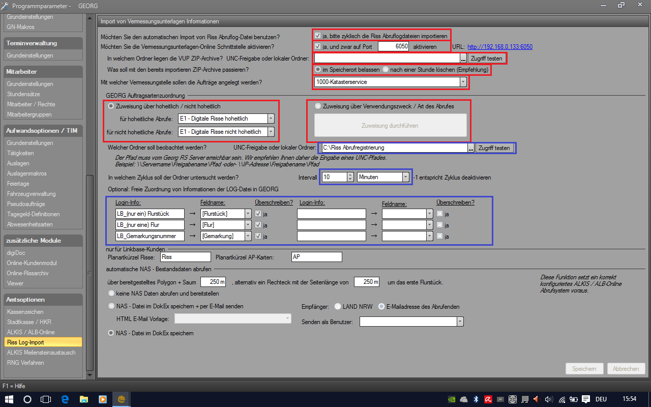 4.3 Einrichtung Vermessungsunterlagenportal NRW Abbildung 3: Einrichtung VUP Möchten Sie den automatischen Import von Riss Abruflog-Dateien benutzen?
