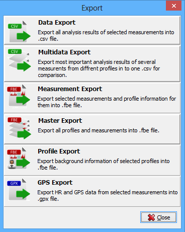 MESSUNGSEXPORT In diesem Kapitel finden Sie Informationen über das Exportieren von Messungen aus dem Programm in unterschiedliche Dateiformate. Zu den unterstützten Dateiformaten gehören.fbe,.csv und.
