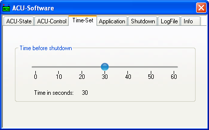 2 Software Bedienung Dialoge der Bedienoberfläche Register "Time Set" Herunterfahren verzögern ACU USV V5.x: Delay Time [s] 0.00... 64.