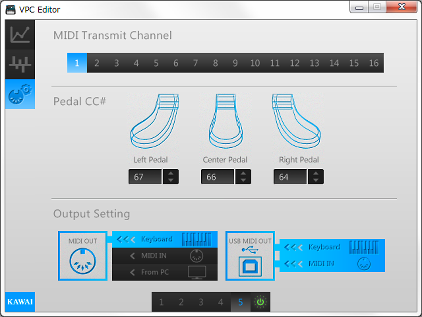 MIDI Output Einstellungen vornehmen Sie können das Output Routing der VPC1 Virtual Piano Controller Tastatur, des MIDI IN Anschlusses und das MIDI Signal von Ihrem Computer zum VPC1 Virtual Piano