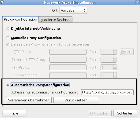 aus. Haken Sie Automatische Proxy- Konfiguration an und geben Sie folgende Adresse ein: