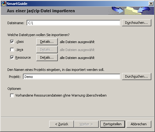 4. Import der Beans in VisualAge 1. Wählen Sie im Composition Editor den Befehl Datei > Importieren.... Es erscheint der Importdialog 2. Wählen Sie hier Jar-Datei aus.
