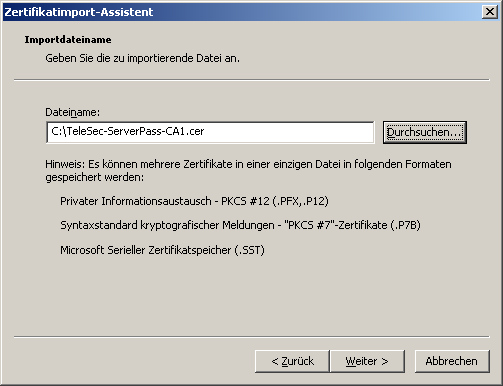 Abbildung 16 2 1 Legen Sie die Importdatei fest. Ggf. muss der Datei eingestellt werden auf X.509- Zertifikat, z. B. c:\ TeleSec_ServerPass_CA_1.cer, siehe Abbildung 16.