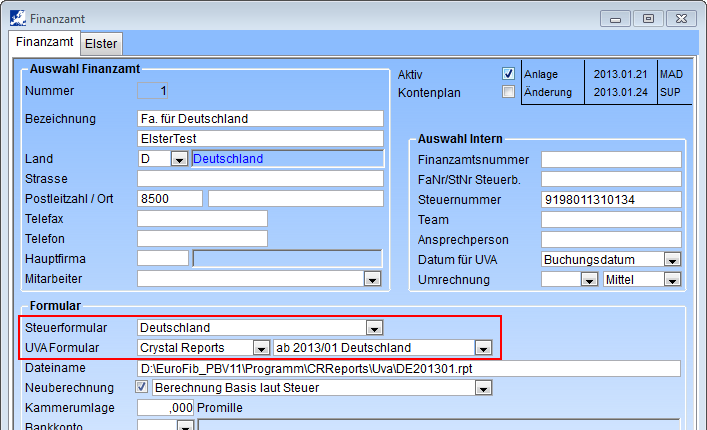 Stammdaten in EuroFib für Windows Stammdaten => Firmenstamm => Steuerdefinitionen => Finanzamt Erfassen Sie hier die Daten des zuständigen Finanzamtes in Deutschland und wählen Sie im Feld