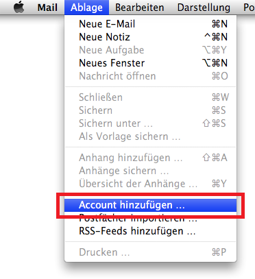 Apple Mail Öffnen Sie Apple Mail und klicken Sie in der oberen Leiste auf "Ablage" und dann auf "Account hinzufügen" um Ihr Postfach einzubinden Es erscheint nun das