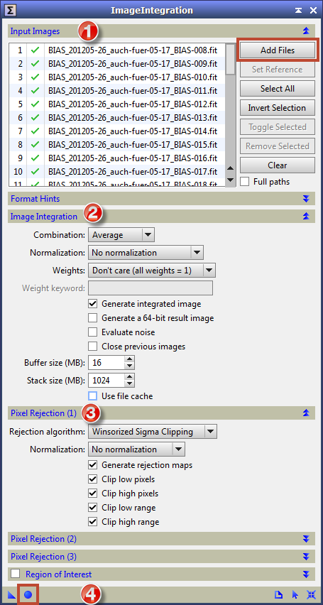 Tools Process > ImageIntegration> ImageIntegration MASTER BIAS 1/2 Ein MASTER BIAS wird mit dem Modul >ImageIntegration< erstellt.