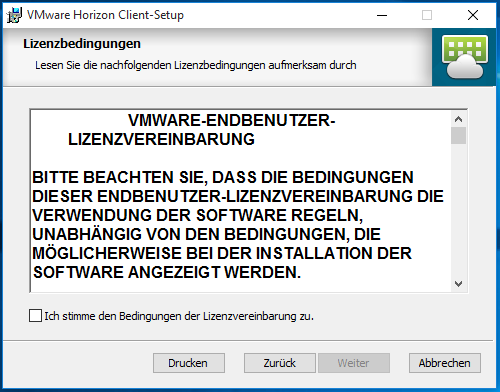 INSTALLATION DES HORIZON VIEW CLIENTS FÜR WINDOWS Setup des VMware Horizon Clients starten, falls noch nicht