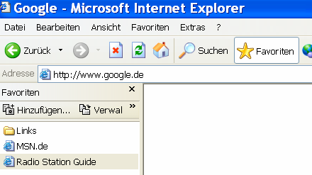 Workshop Internet-Explorer: Arbeiten mit Favoriten, Teil 1 Die Schaltfläche "Favoriten" : Beim Anklicken der Schaltfläche "Favoriten" wird am linken Bildschirmrand ein neues Fenster geöffnet.