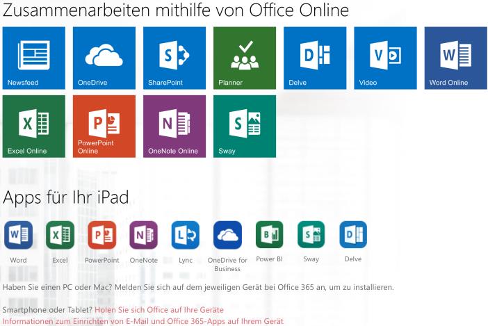 Die Office 365-Startseite stellt im oberen umrandeten Bereich Office 365 ProPlus zur Verfügung. Im unteren Bereich werden die Dienste von Office 365 Education zur Verfügung gestellt.
