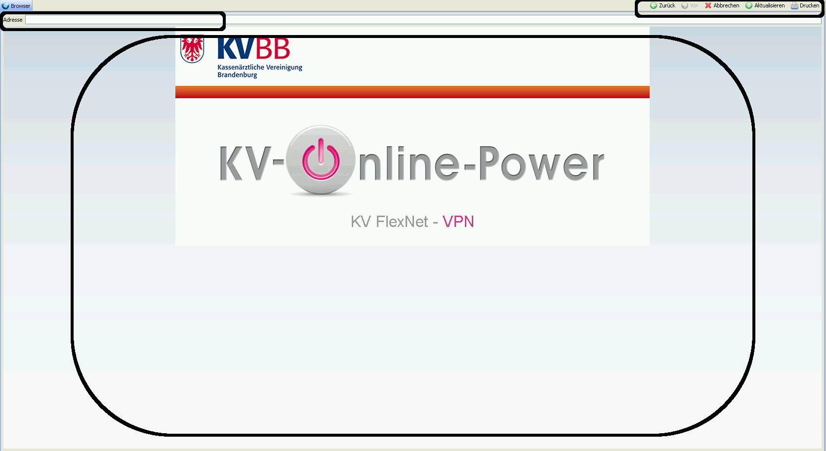 Die schwarz markierten Rechtecke sind: 1. Der Adressbereich: Die Webadressen des KVBB Portals werden dort angezeigt.