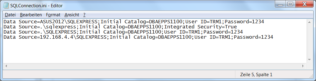 INI Inhalt: Anmeldestring für den SQL Datenbankserver. Bild zeigt vier mögliche Beispiele für den Zugriff auf einen SQL Datenbankserver im Netzwerk.