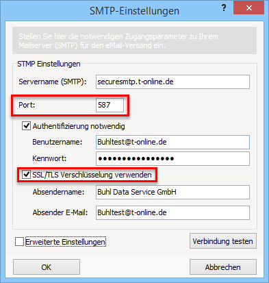 Wenn Sie den Servernamen anschließend auch in den SMTP-Einstellungen von WISO Mein Büro hinterlegt haben, ist noch der zu verwendende Port für den Mailversand relevant, auch wenn es um eine