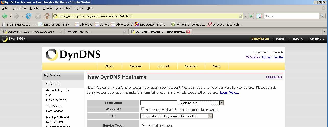 Anbindung des eibport ans Internet am Beispiel von dyndns.org 1. Schritt: Anmeldung bei dyndns.org Als erstes muss man auf www.dyndns.org einen eigenen Account anlegen.