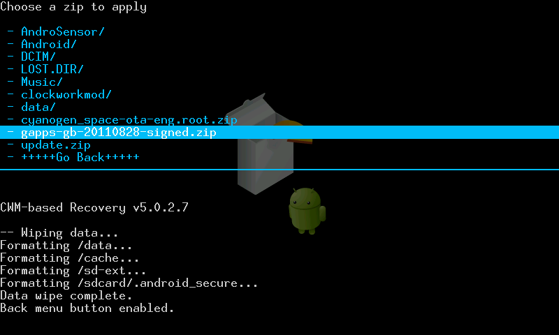 Im nachgelagerten Menü wählt man den Punkt choose zip from sdcard : Hier wählt man zunächst die Datei cyanogen_space-otaeng.root.zip aus. Dies ist über einen weiteren Menüpunkt zu bestätigen.