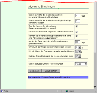 Allgemeine Einstellungen Standardwert für die maximale Anzahl der zusammenhängenden Chartertage. Geben Sie die Anzahl der Tage ein.