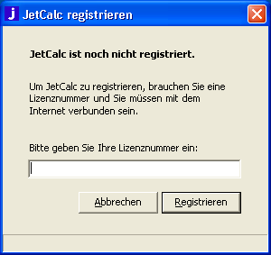 13 Beim ersten Öffnen des JetCalcs muss das Programm registriert werden. Das Fenster wie Bild 11 erscheint. Hier müssen Sie nun den von der enz technik ag erhaltenen Registrationsschlüssel eingeben.