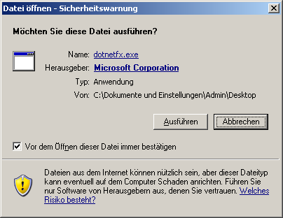 5 Erscheint die Meldung wie in Bild 2 ersichtlich, ist dies eine Sicherheitswarnung vom Betriebssystem Windows XP.