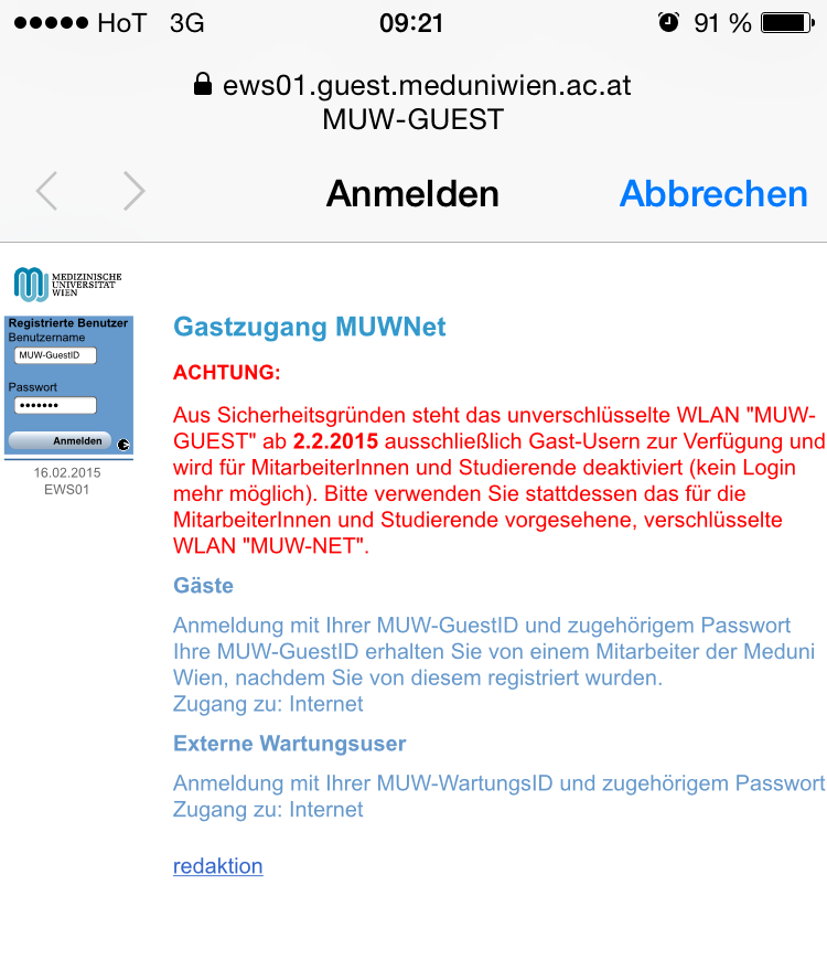 Mit Klick auf MUW-GUEST öffnet sich jetzt ein weiteres Fenster, wo Sie sich mit Ihrer MUW- GuestID authentifizieren müssen.