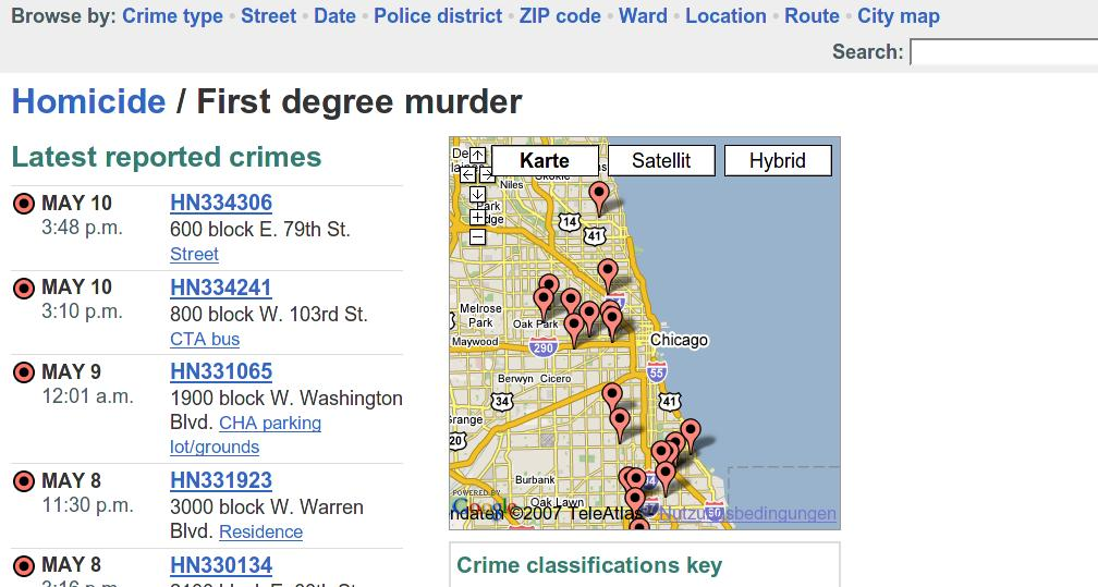 Chicago crime map Verbrechensstandorte werden mit Google Maps visualisiert 1,2 Mio Besucher