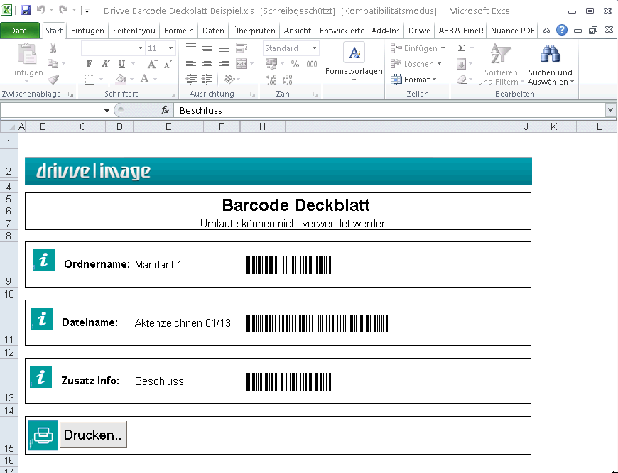 Beispiel: Excel Deckblatt mit Eingabe eines Mandanten, eines Aktenzeichens und einer Zusatzinfo.