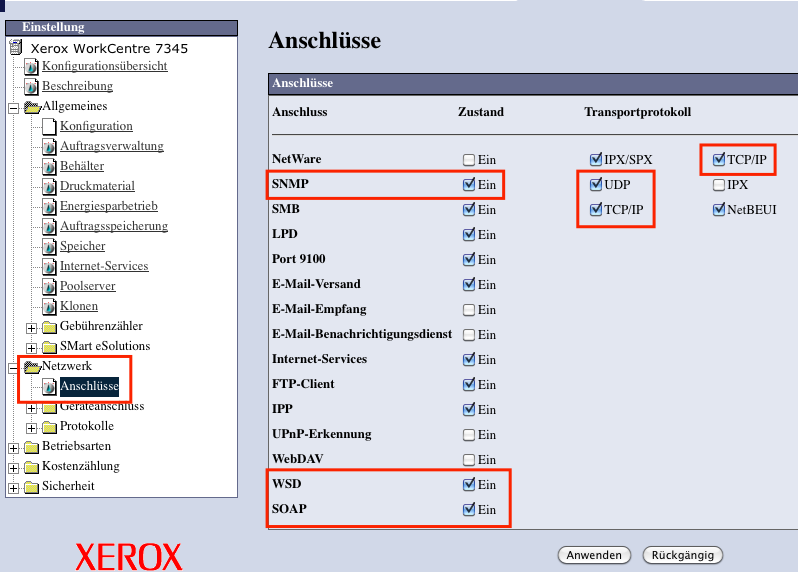 13. Navigieren Sie zum Eintrag Netzwerk > Anschlüsse. 14. Aktivieren Sie die Anschlüsse SNMP, WSD und SOAP sowie die Transportprotokolle UDP und TCP/IP (beide) und klicken Sie den Button Anwenden. 15.