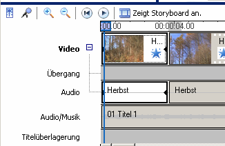 Videobearbeitung Seite 5 3. Film bearbeiten Aufgenommenes oder importiertes Video-, Audio- oder Bildmaterial muss zunächst aus der Sammlung zum Storyboard oder zur Zeitachse hinzugefügt werden.