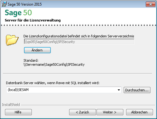 Nach der Angabe des Speicherorts der Lizenzkonfigurationsdatei und des Datenbank- Servers (falls Rewe mit SQL installiert