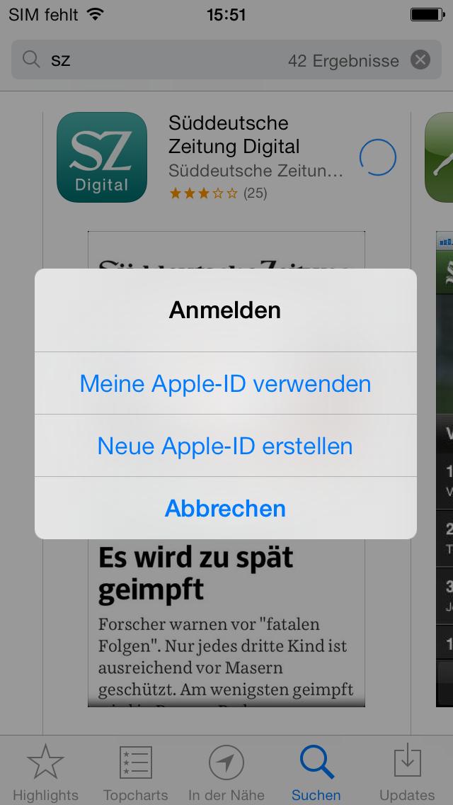 1. Download der SZ Digital-App Sollten Sie bereits eine Apple-ID besitzen, melden Sie sich bitte hier mit der bestehenden ID an.