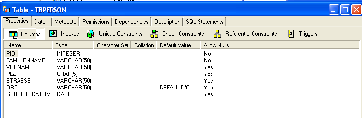 Datenbanken 5 Ein Doppelklick auf eine Tabelle, beispielsweise TBPERSON stellt eine ganze Reihe an Informationen zur Verfügung.