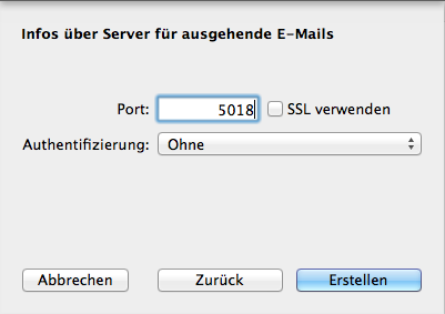 Klicken Sie auf «Erstellen», damit die Mail-Konfiguration erfolgreich beendet werden kann. 8 Geben Sie im Fenster «Infos über Server für ausgehende E-Mails» bei «SMTP- Server» 127.0.0.1 ein.