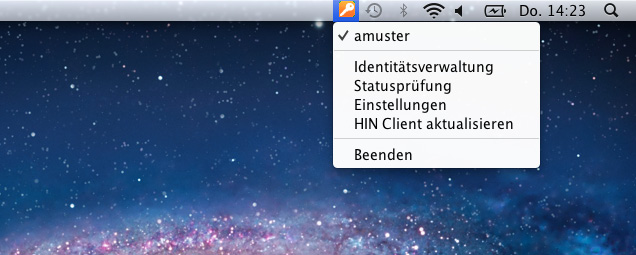 Registration Mac OS X 1 Falls sich nicht automatisch der Screen aus Punkt 2 geöffnet hat, klicken Sie auf das HIN Symbol in der Menüleiste und wählen Sie «Identitätsverwaltung».